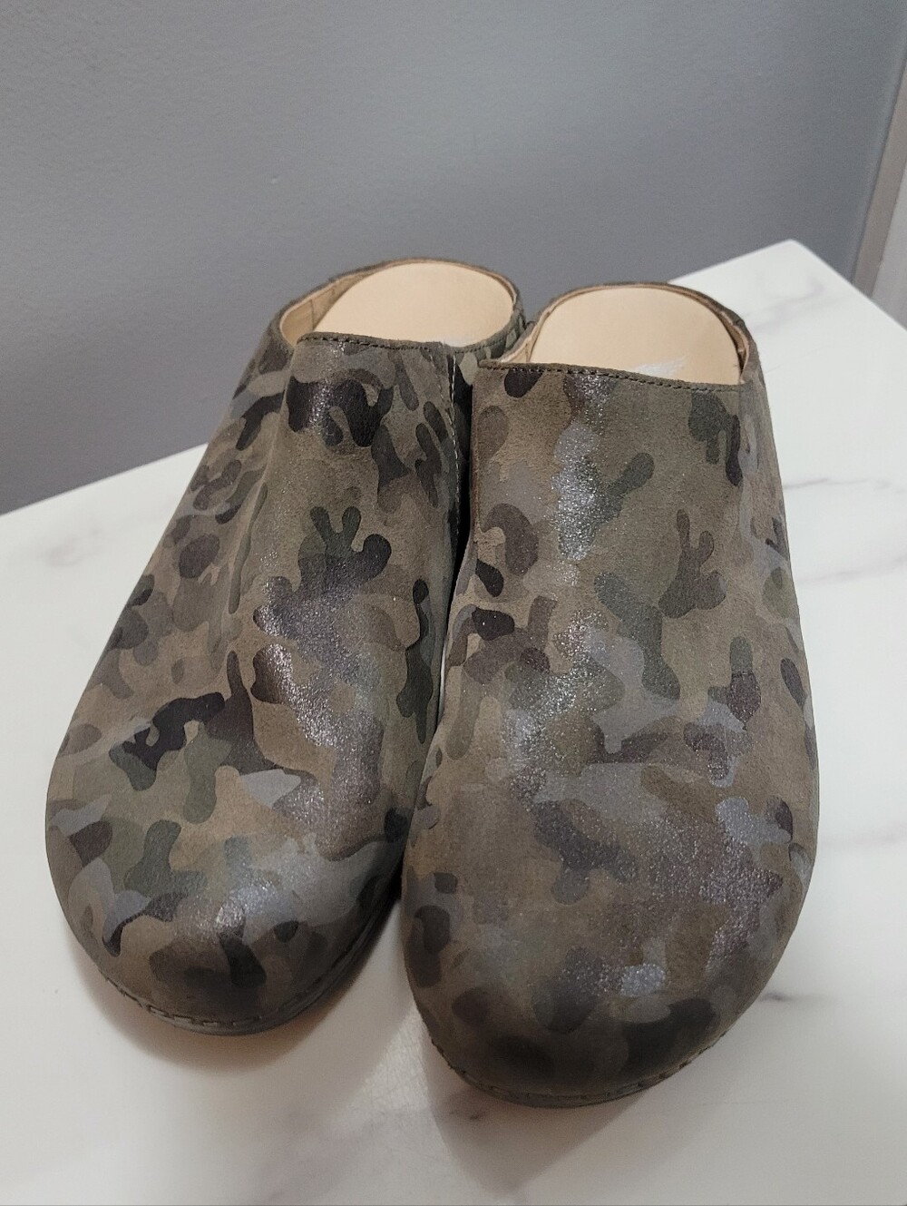 Dansko Camouflage Suede Clogs in Olive Green
